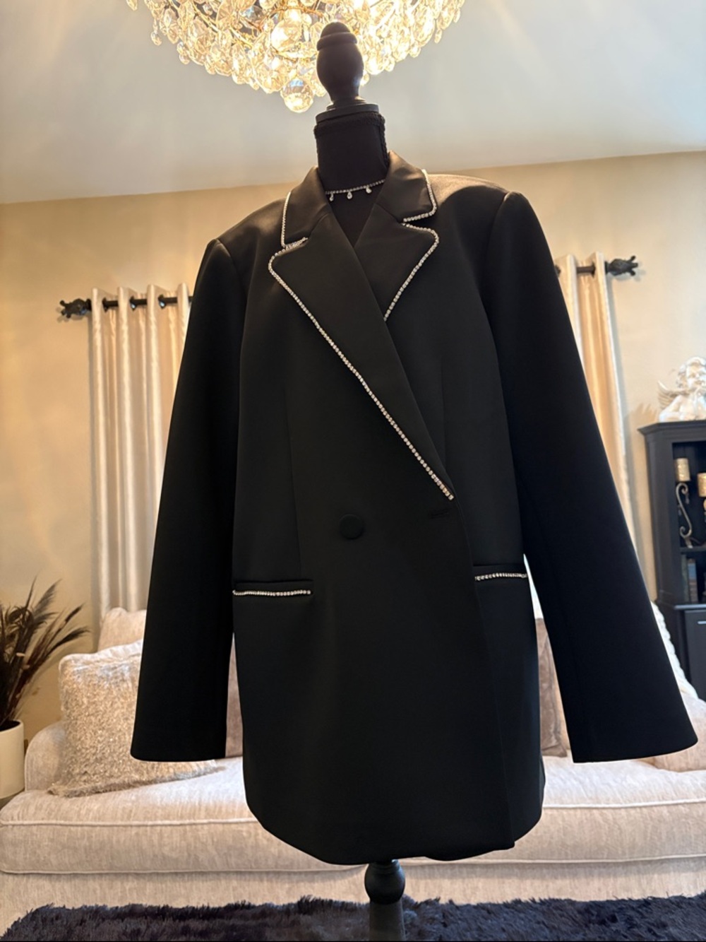 Good American Black Blazer with Rhinestone Trim